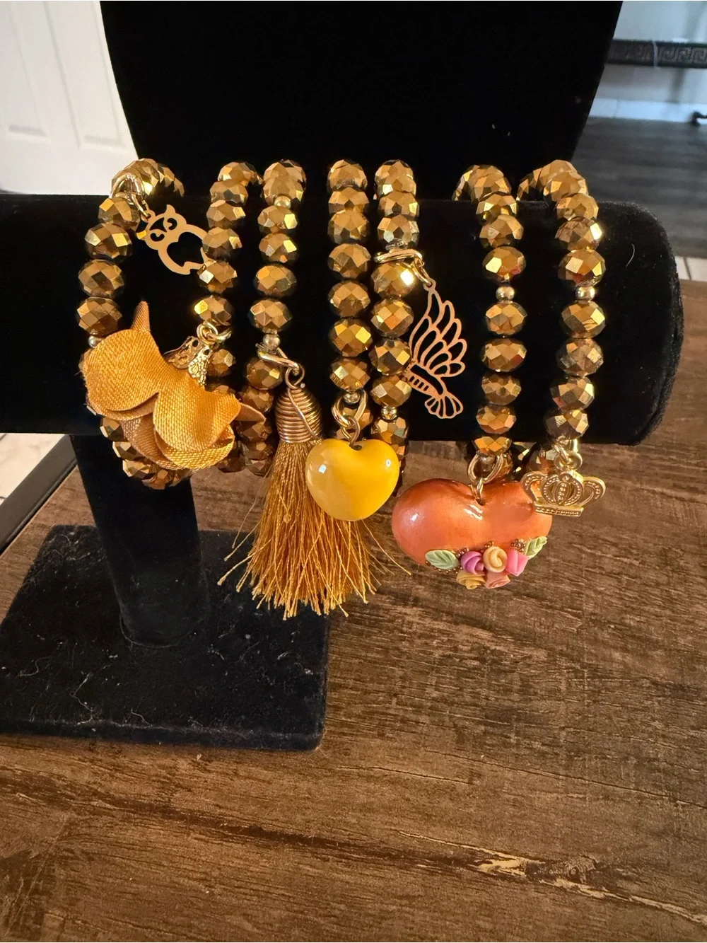 Gold-Tone Stretch Bracelet Set with Yellow and Peach Heart Charms